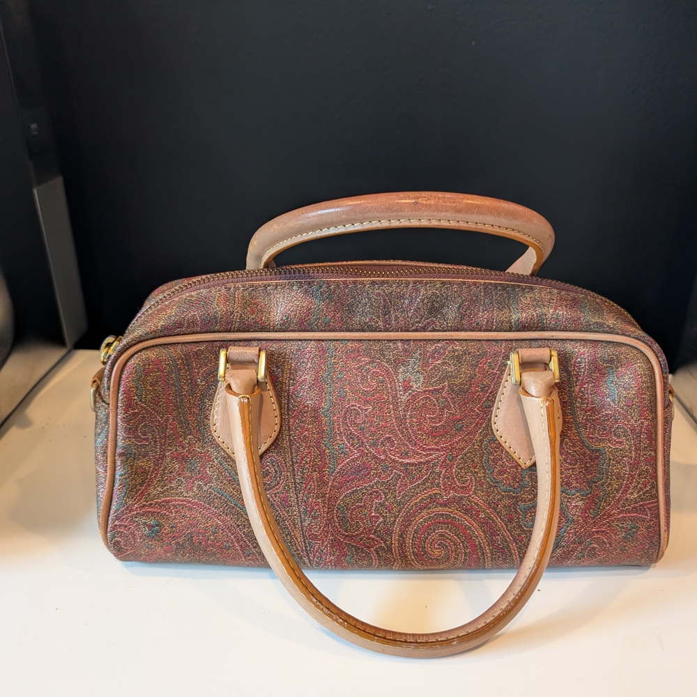 Etro Paisley Boston Satchel Bag Leather Trim Brass Hardware